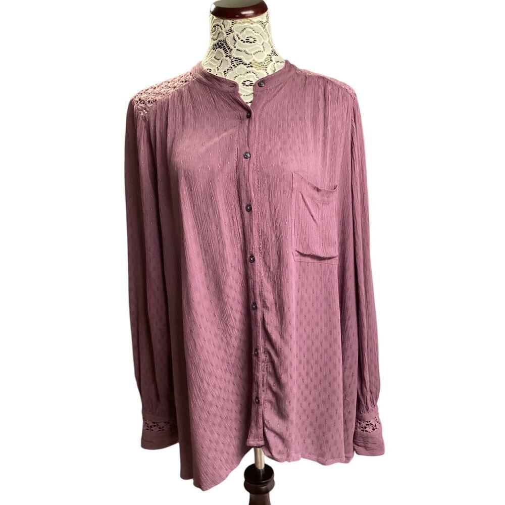 Free People Womens Purple Crochet Back‎ Gauze Long Sleeves Button-Down L